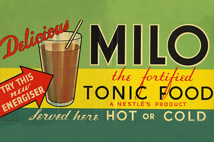 Un cartel vintage de cafetería que anuncia MILO.