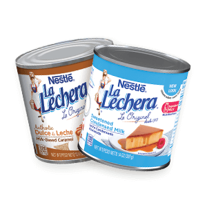 Cans of dulce de leche and sweetened condensed milk.