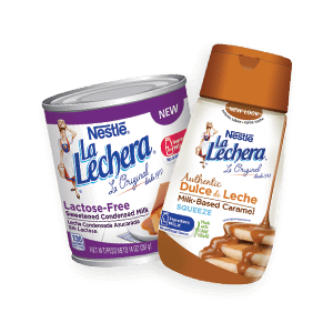 A squeeze bottle of dulce de leche beside a can of lactose-free sweetened condensed milk.