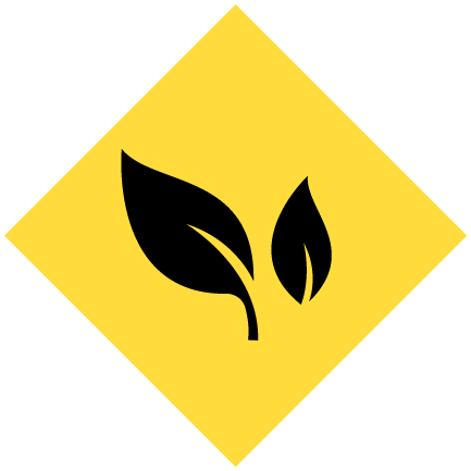 A black illustrated leaf on a yellow diamond.