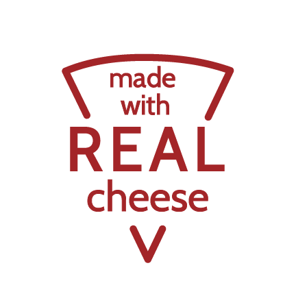 The words "100% REAL cheese" outlined in the shape of a pizza slice.