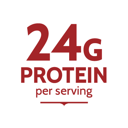 The words "24G OF PROTIEN PER SERVING" in red text.