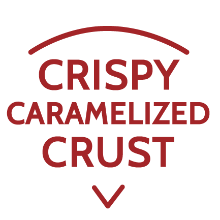The words "CRISPY CARAMELIZED CRUST" outlined in the shape of a pizza slice.