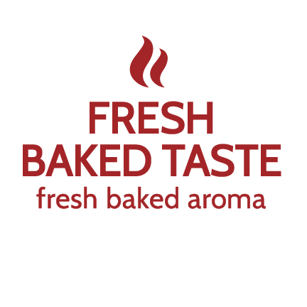The words "FRESH BAKED TASTE fresh baked aroma" with steam lines rising above them.