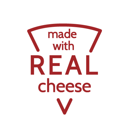 The words "made with REAL cheese" outlined in the shape of a pizza slice. The words "made with REAL cheese" outlined in the shape of a pizza slice.