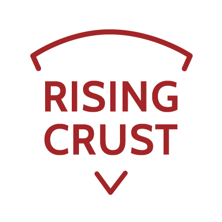 The words "RISING CRUST" outlined in the shape of a pizza slice. The words "RISING CRUST" outlined in the shape of a pizza slice.