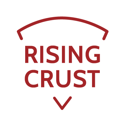 The words "RISING CRUST" outlined in the shape of a pizza slice.