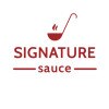 The words "SIGNATURE sauce" with a ladle and steam lines above them.