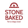 The words "STONE BAKED for a crispy crust" with a wood fired pizza oven above them.