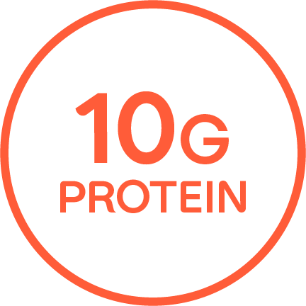"10 G DE PROTEÍNA" escrito en un círculo con contorno color anaranjado.