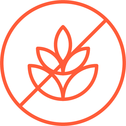 An orange icon of a wheat plant with a cross through it.