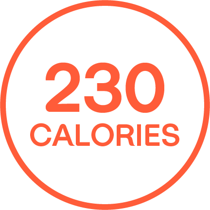 "230 CALORIES" written in an orange outlined circle.