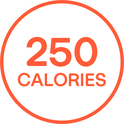 "250 CALORIES" written in an orange outlined circle.