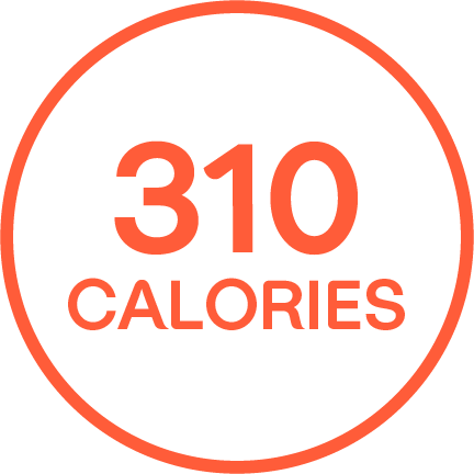 "310 CALORIES" written in an orange outlined circle.
