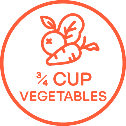 An illustrated carrot and radish above the words "3/4 CUP VEGETABLES" in an orange circle.