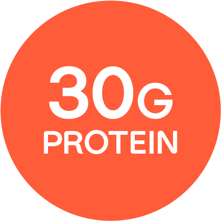 "30G PROTEIN" written in an orange circle.