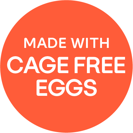 An orange circle with the word "Made With Cage Free Eggs" written in white.