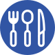 Image of a white fork, spoon and knife on a blue background