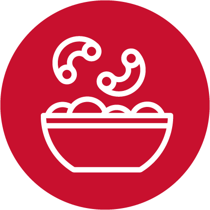 A red circle with a white illustrated bowl of pasta.