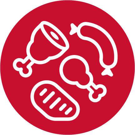 A red circle with white illustrations of chicken, beef, sausage and ham.