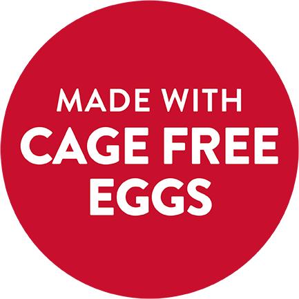 An red circle with the word "Made With Cage Free Eggs" written in white.