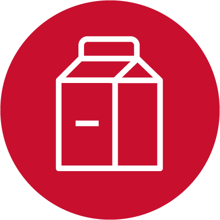 A red circle with a white illustrated dairy carton.