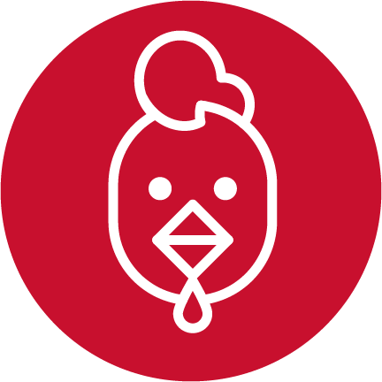 A red circle with a white illustrated chicken.