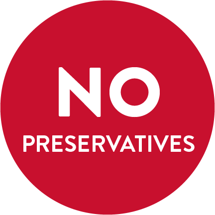 A red circle with the words "NO PRESERVATIVES" written in white.