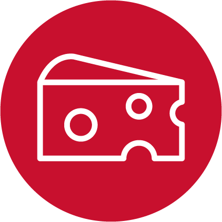 A red circle with a white illustrated block of cheese.