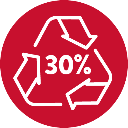 A red circle with a white recycling symbol with "30%" in the center.