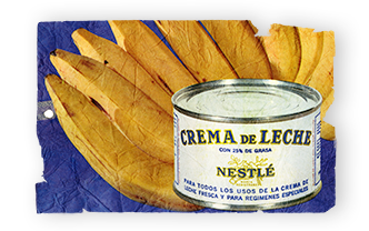Un anuncio antiguo de Nestlé Pure Thick Cream con una lata de crema y un ramo de plátanos machos.