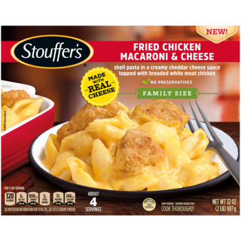 Box of Fried Chicken Macaroni & Cheese with a "Family Size" label above a plate of chicken, shells and cheese.