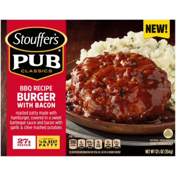 Box of Pub Classics BBQ Recipe Burger with Bacon with the Pub Classics logo near a plate of potatoes and burger with sauce.