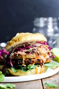 Teriyaki Veggie Burger with mango Cabbage Slaw