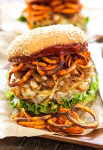 santa fe veggie burger with sweet potato fries