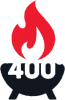Ilustración vectorial de una parrilla con llamas rojas y 400°.