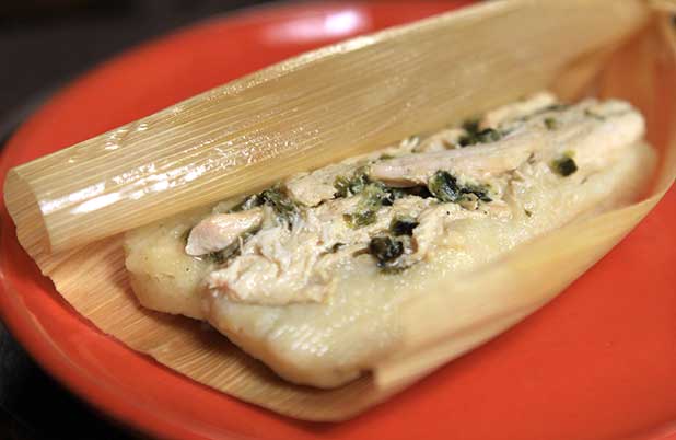A corn husk unwraps revealing a chicken and poblano pepper tamale.