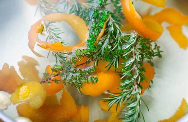 Salt water brine with orange peel and rosemary.