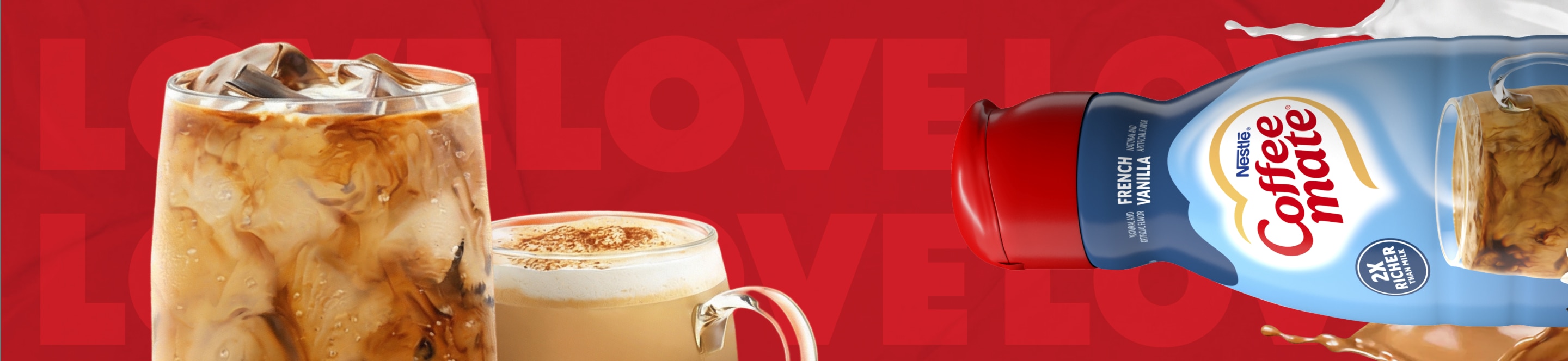 Glass and mug of iced coffee with creamer bottle on red background