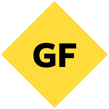"GF" on a yellow diamond.