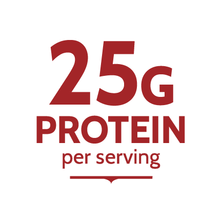 The words "25G OF PROTIEN PER SERVING" in red text.