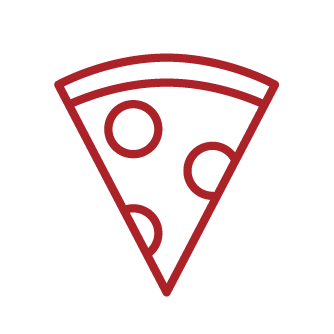 Red outline of a slice of pizza with pepperoni.