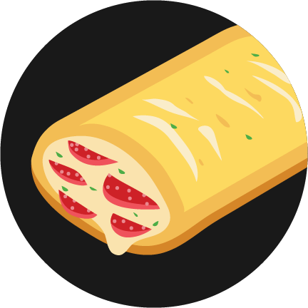 A black circle with an illustrated pepperoni Hot Pockets® with melty cheese in the center.