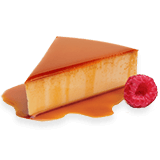 A slice of flan with a raspberry garnish in a pool of dulce de leche.