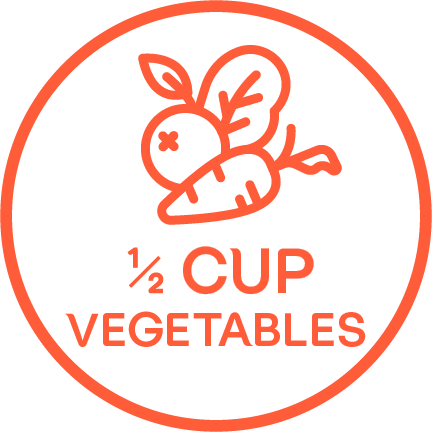 "MEDIA TAZA DE VEGETALES" con íconos de zanahoria y rabanito dentro de un círculo naranja.