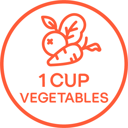 Icon of vegetables with "1/2 cup vegetables" written in orange.
