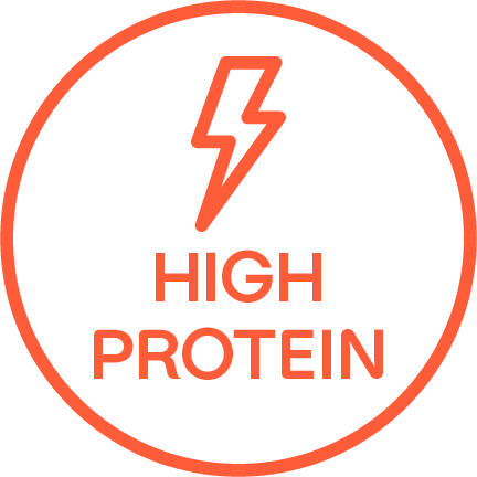 "14 G DE PROTEÍNA" escrito en un círculo con contorno color anaranjado.