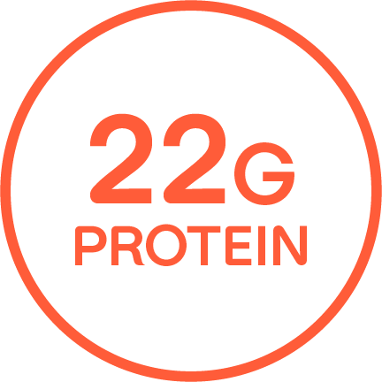 "22 G DE PROTEÍNA" escrito en un círculo con contorno color anaranjado.