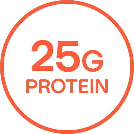 "25G PROTEIN" written in an orange outlined circle.