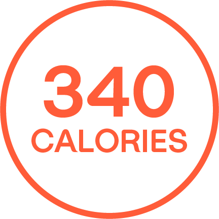 Círculo naranja con las palabras "340 calorías" en el centro